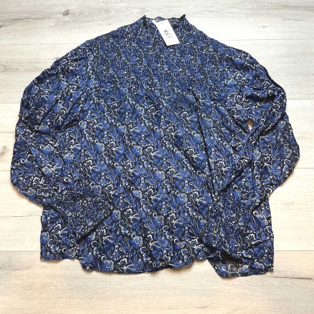 SONMER Katie Blouse Womens Medium Black Blue Floral Paisley Smocked NWT